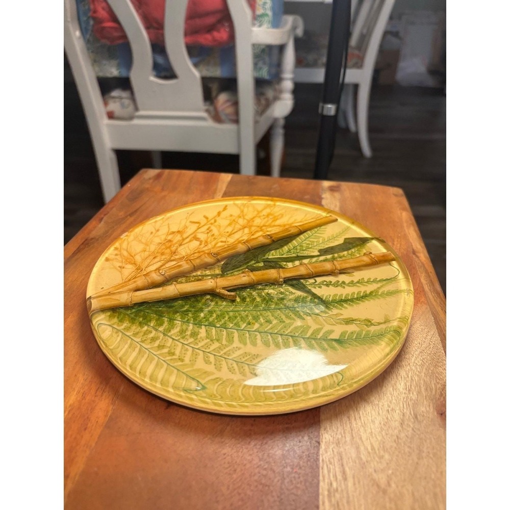 Vintage Botanical Resin Plate Real Pressed Fern Bamboo‎ 8 In. MCM Trivet earthy